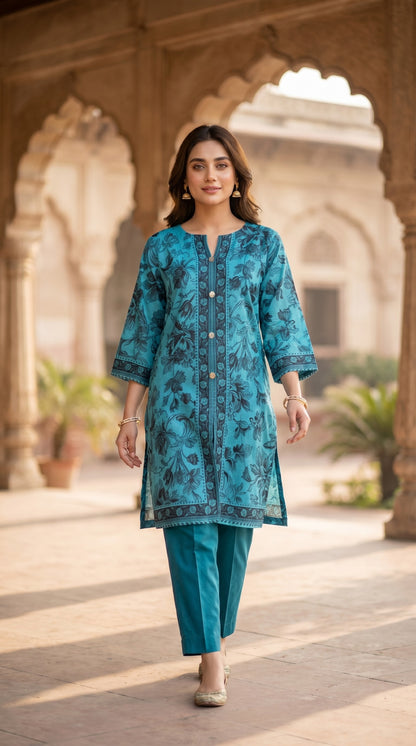 Teal Bloom Traditional Printed Kurti – Elegant Floral Ethnic Tunic
