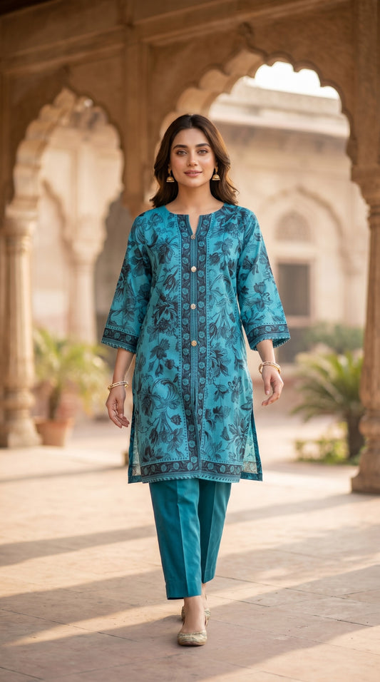 Teal Bloom Traditional Printed Kurti – Elegant Floral Ethnic Tunic