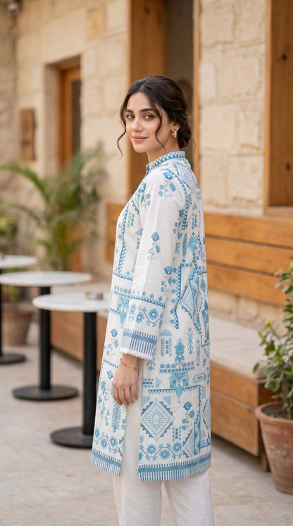 Ivory & Azure Geometric Printed Kurti – Premium Lawn Casual Shirt