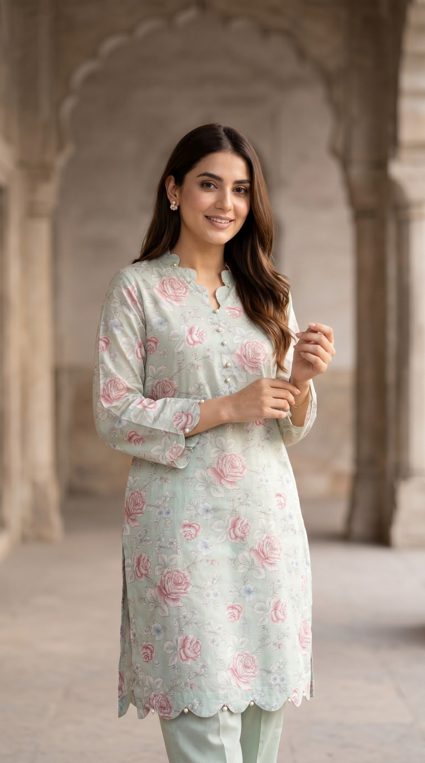 Blush Rose Floral Scalloped Lawn Kurti – Mint Green