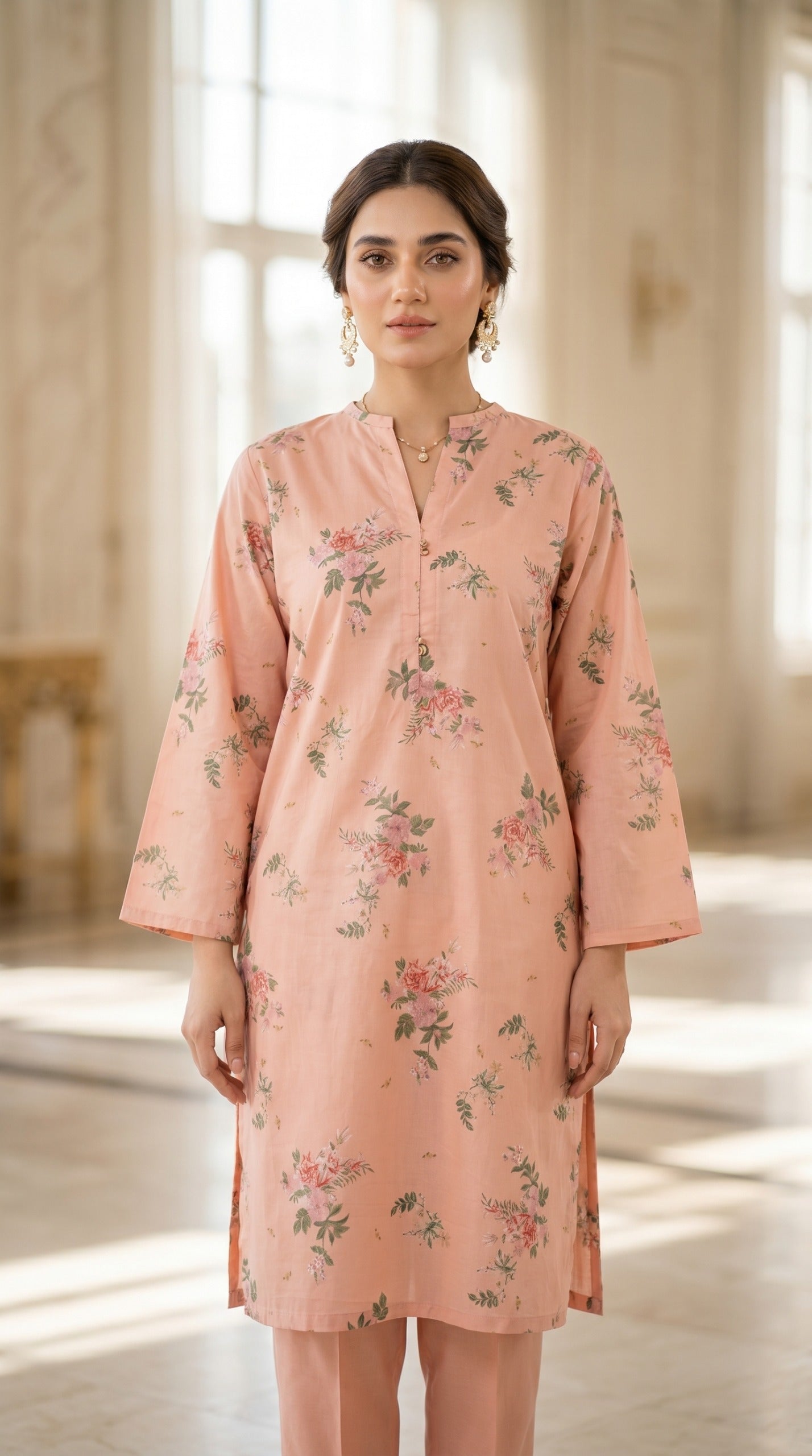 Blush Pink Floral Printed Lawn Kurti – Elegant V-Neck Straight Tunic
