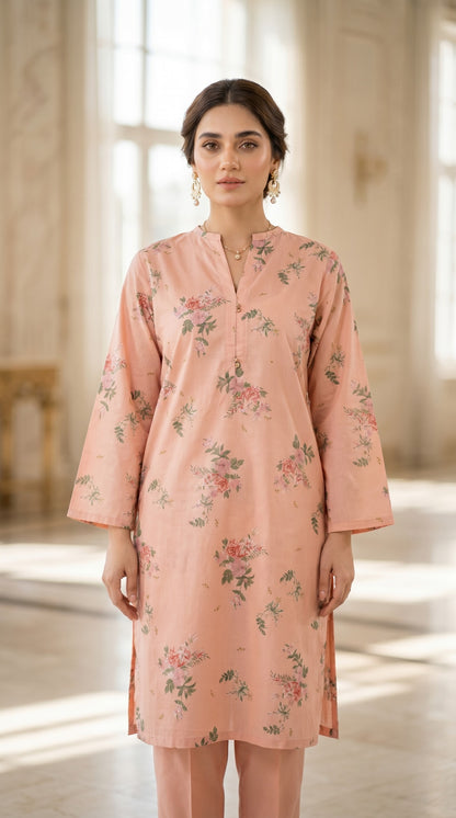 Blush Pink Floral Printed Lawn Kurti – Elegant V-Neck Straight Tunic