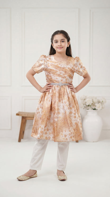 The Royal Gold Jacquard Fusion Frock – Floral Brocade with Embellished Belt