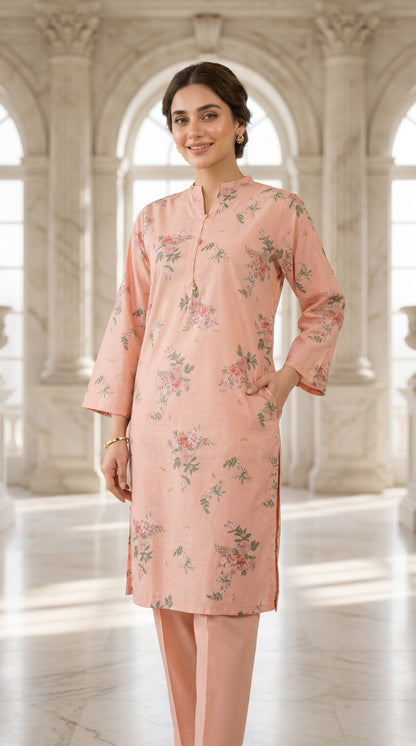 Blush Pink Floral Printed Lawn Kurti – Elegant V-Neck Straight Tunic