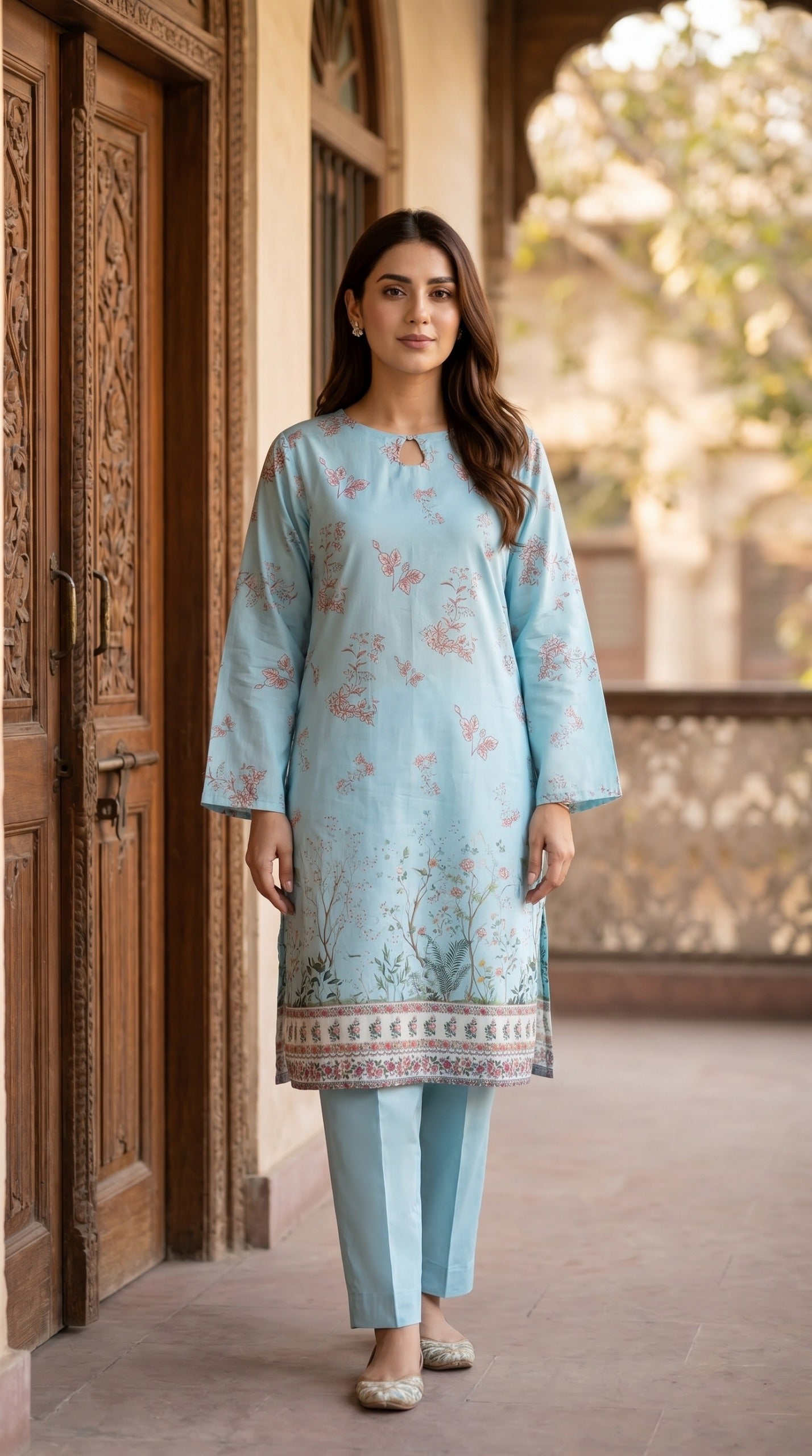 Sky Blue Floral Printed Kurti – Elegant Lawn Casual Tunic
