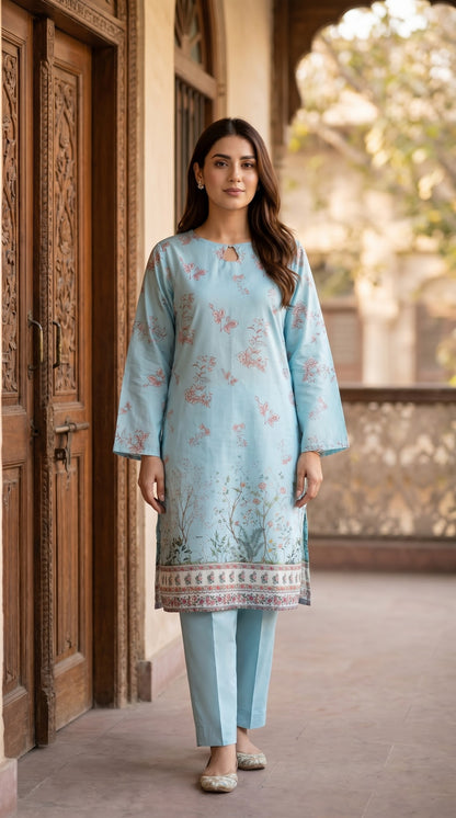 Sky Blue Floral Printed Kurti – Elegant Lawn Casual Tunic