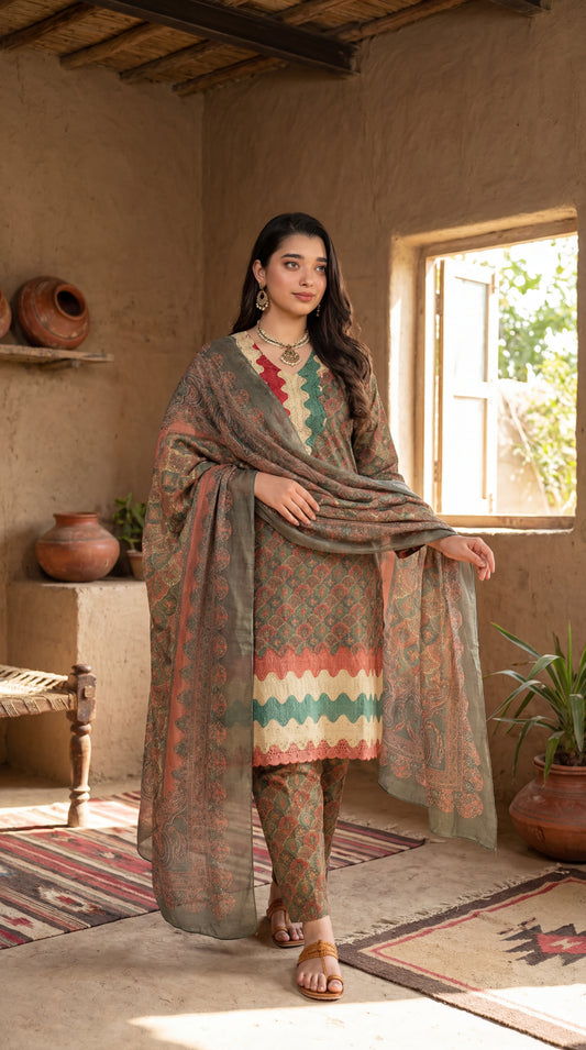 Vintage Earth-Tone Printed 3-Piece Shalwar Kameez Set – Traditional Village Aesthetic