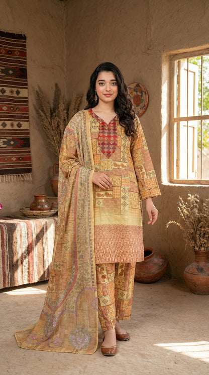 Earthy Patchwork Print 3-Piece Lawn Suit