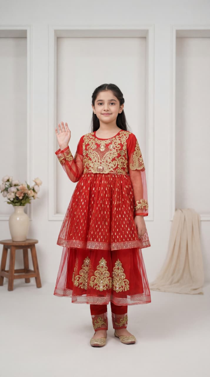 Elegant Girls’ Red & Gold Embroidered Net Frock – 3-Piece Festive Sharara Set