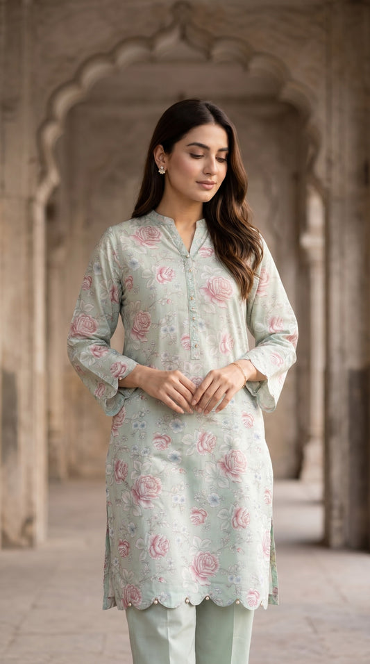 Blush Rose Floral Scalloped Lawn Kurti – Mint Green