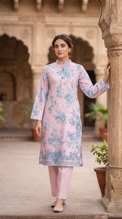 Blush Pink Floral Printed Lawn Kurti – Vintage Blue Rose Motif Tunic