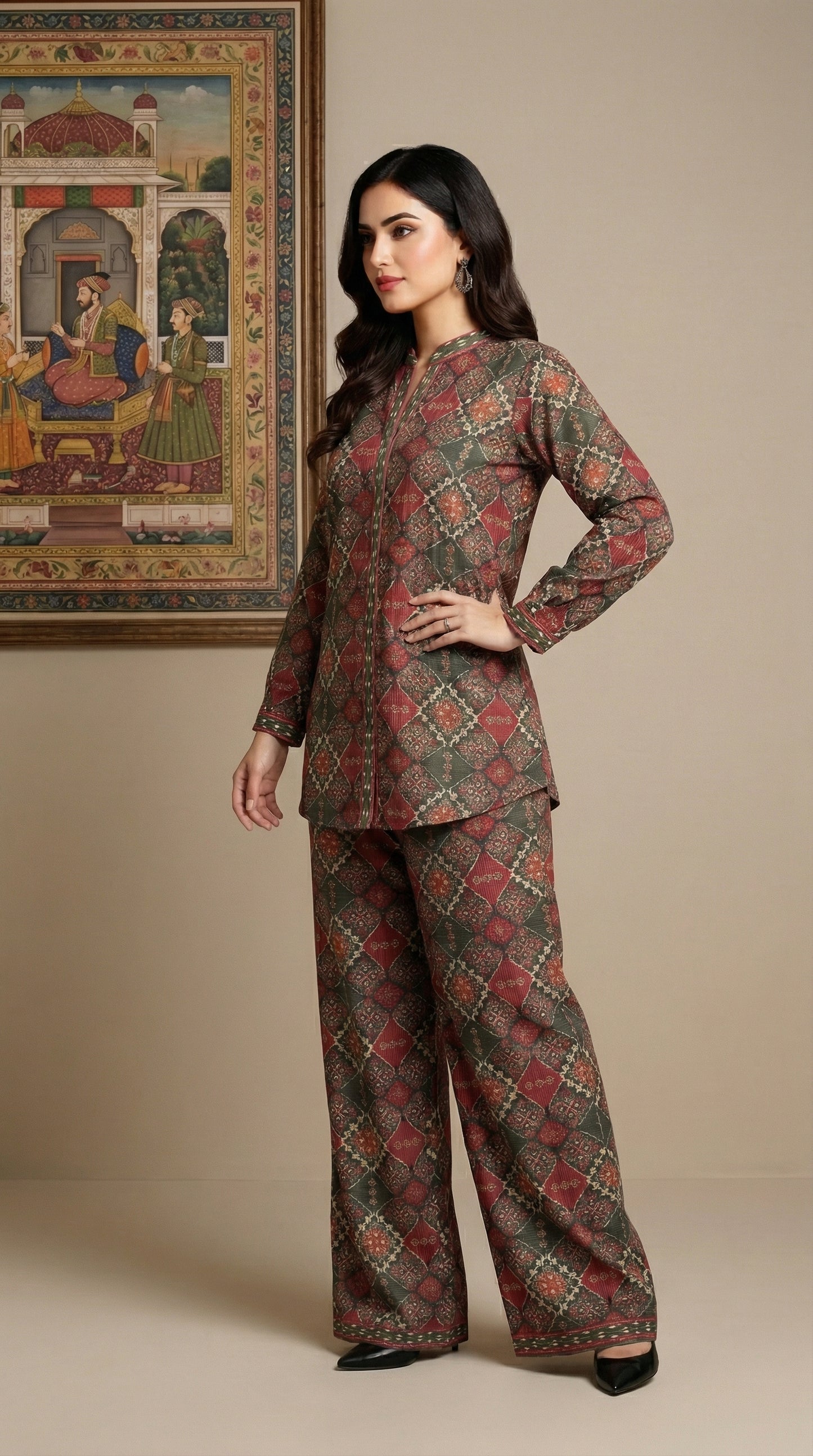 Tuscan Geometric Print Co-ord Set | Deep Olive & Crimson