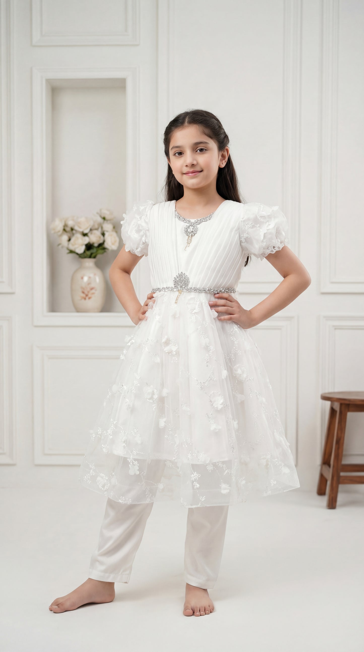 Girls’ Pearl White Floral Embroidered Tulle Frock with Silk Trousers – 2-Piece Formal Set