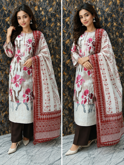 Elegant Floral Digital Print Stitched Suit - 3 Piece Ensemble