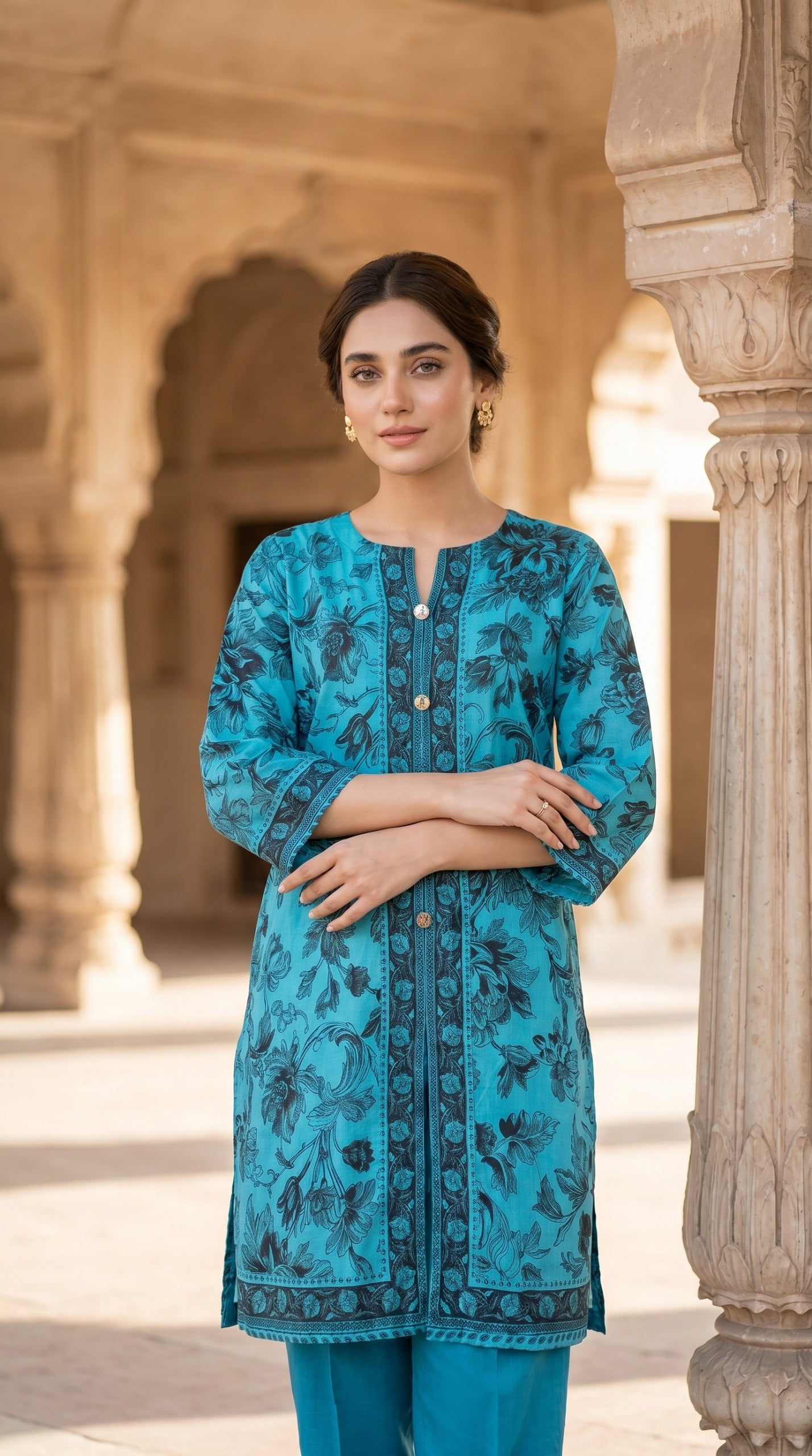 Teal Bloom Traditional Printed Kurti – Elegant Floral Ethnic Tunic