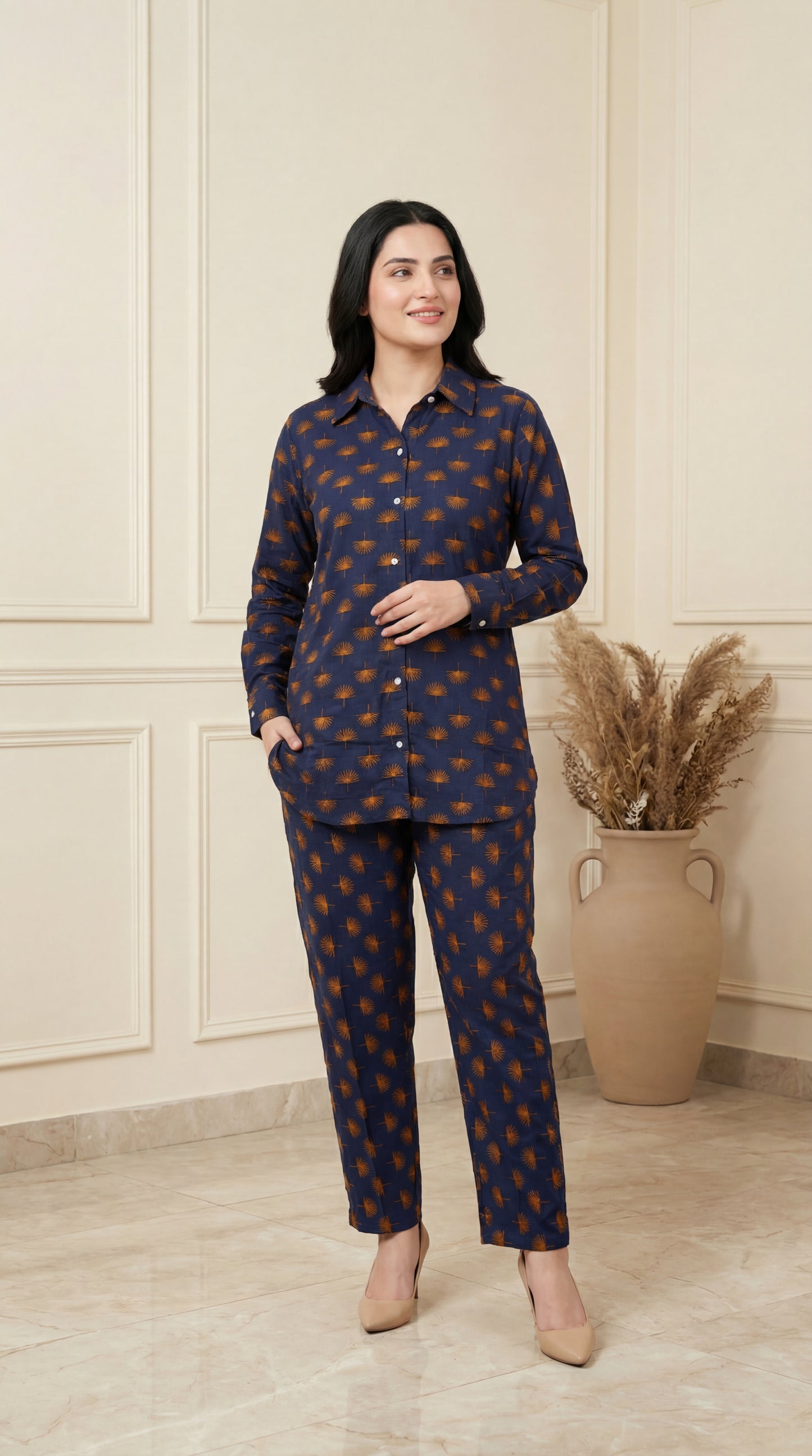 Midnight Palm Printed Button-Down Co-ord Set – Navy & Ochre