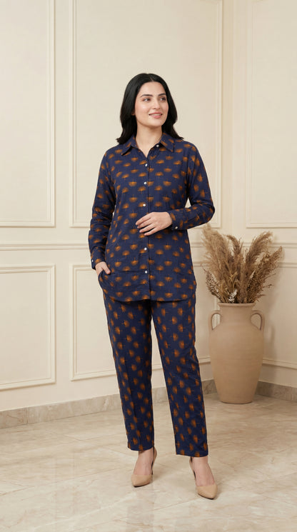 Midnight Palm Printed Button-Down Co-ord Set – Navy & Ochre