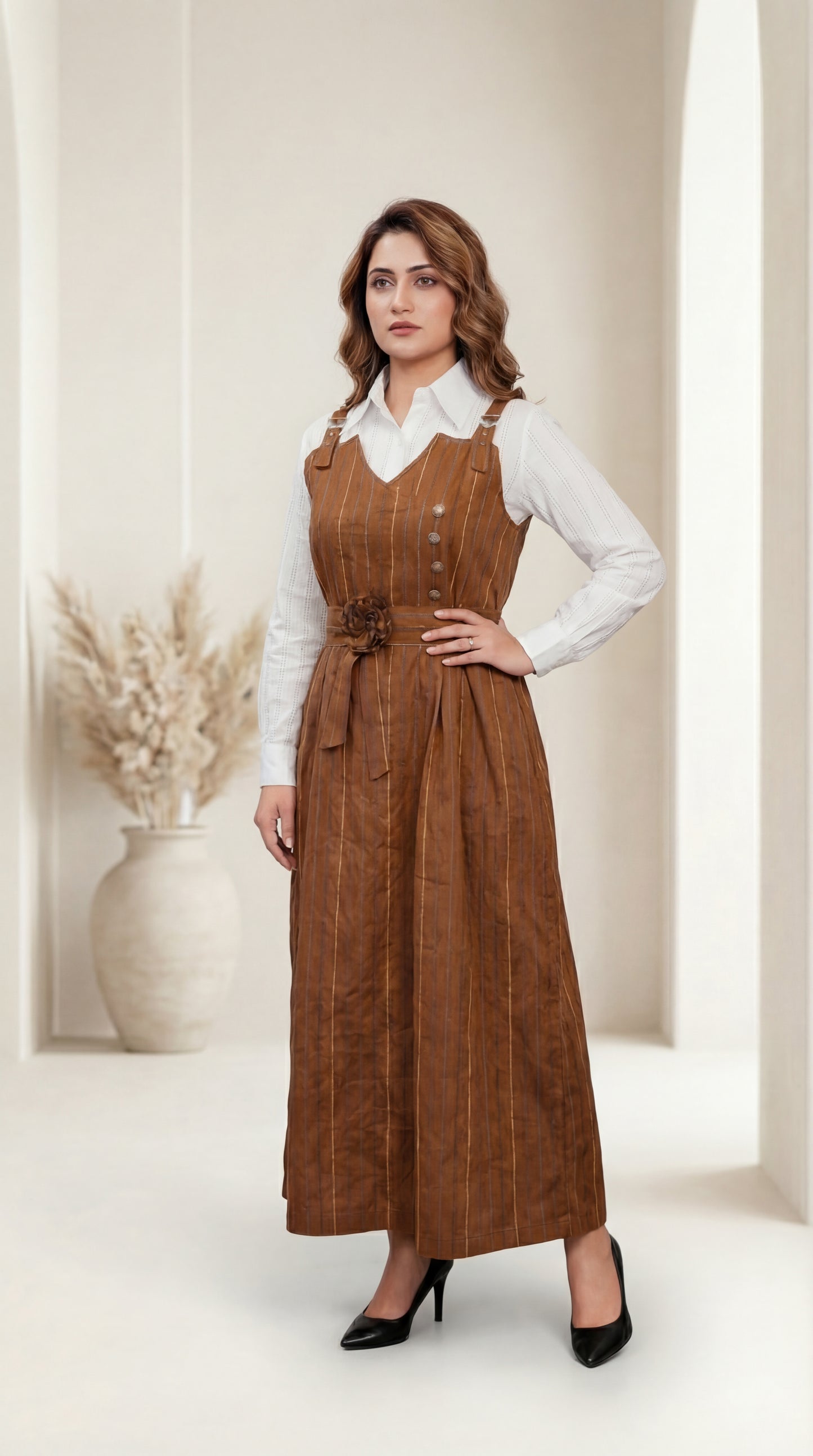 Sienna Striped Pinafore Maxi Dress with Floral Belt