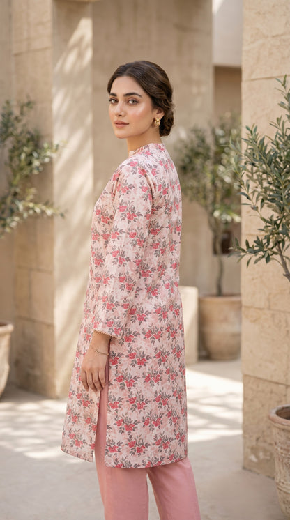 Blush Pink Floral Printed Lawn Kurti – Elegant V-Neck Straight Tunic