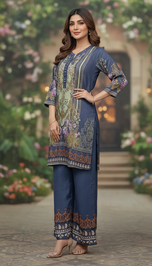 Midnight Azure Floral Printed Kurta & Wide-Leg Trouser Set