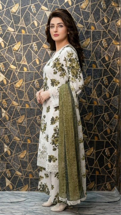 Sage Bloom | Embroidered Floral Lawn 3-Piece Suite