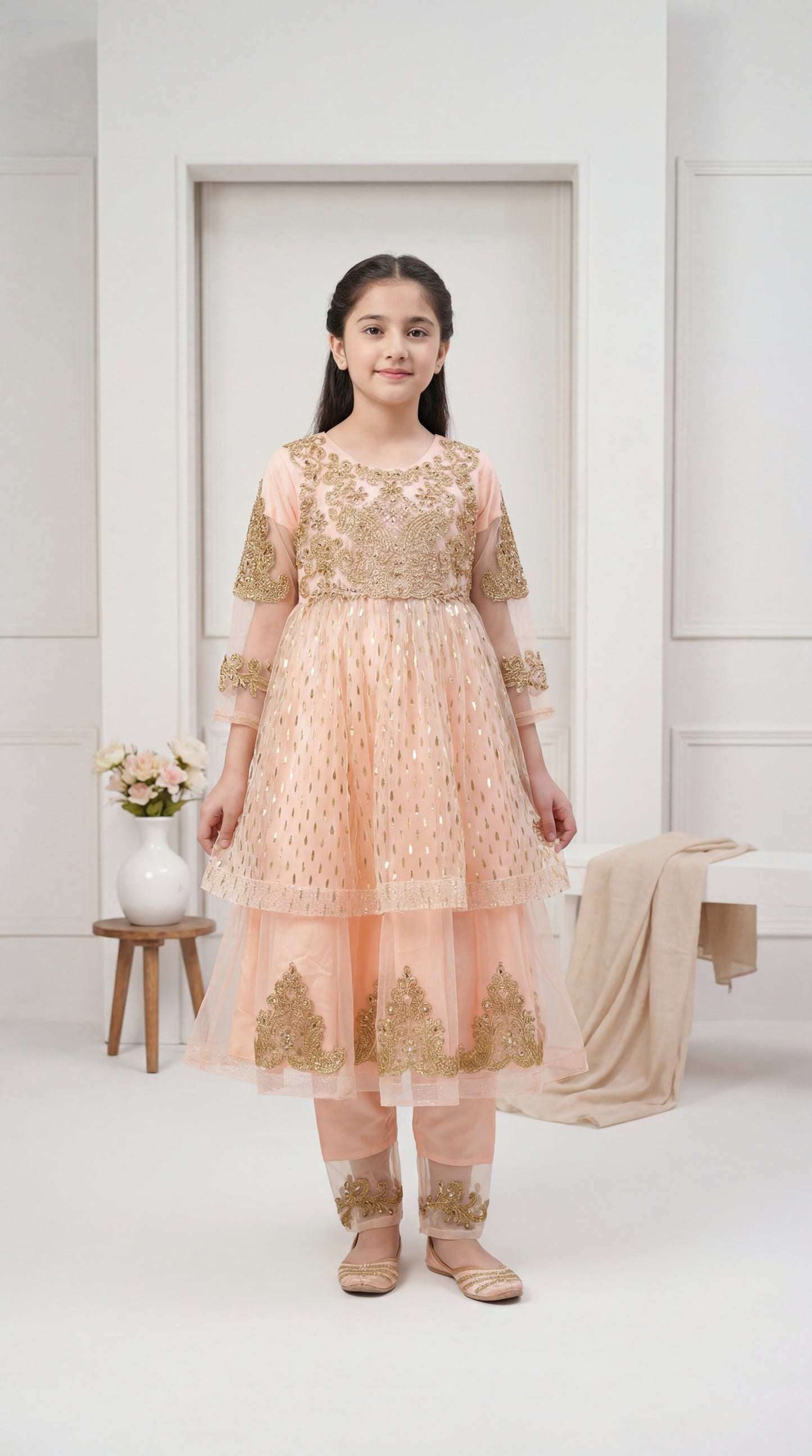 Elegant Peach Gold-Embroidered Layered Tulle Frock Set