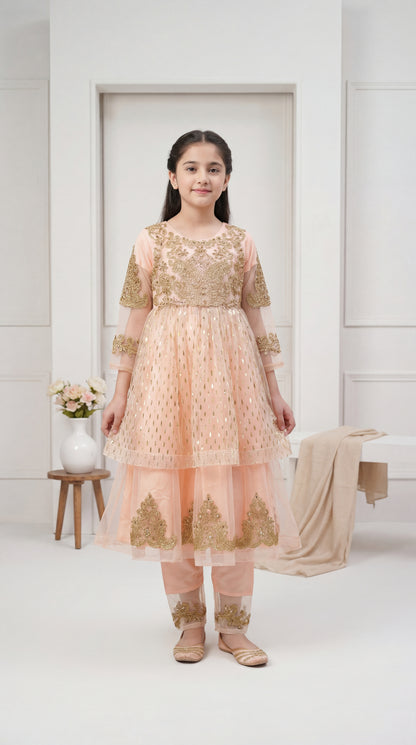Elegant Peach Gold-Embroidered Layered Tulle Frock Set