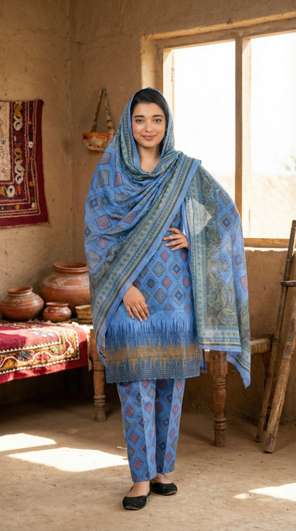 Azure Blue Geometric Print 3-Piece Lawn Suit with Voile Dupatta