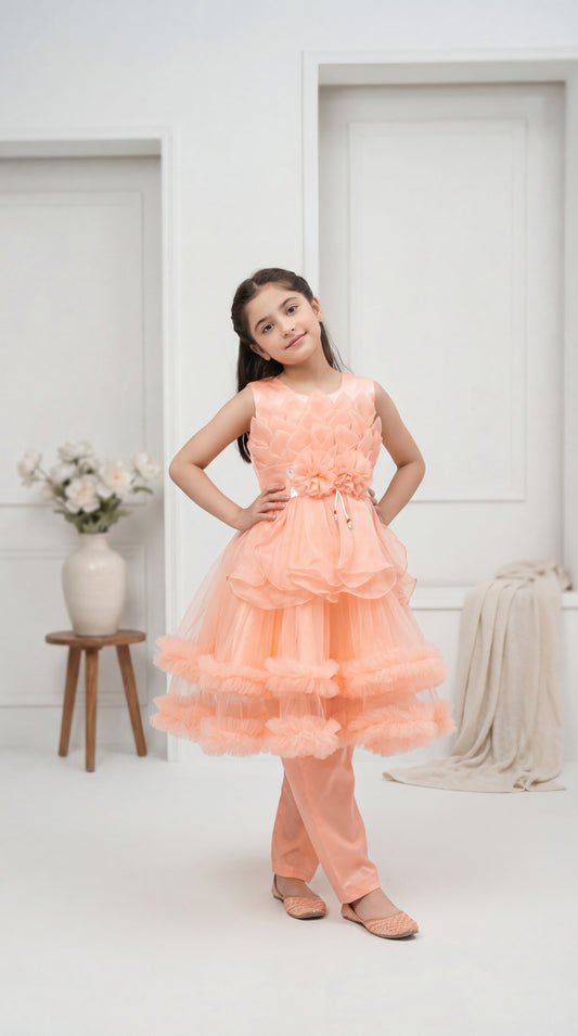 Peach Petal Tulle Party Frock & Trouser Set