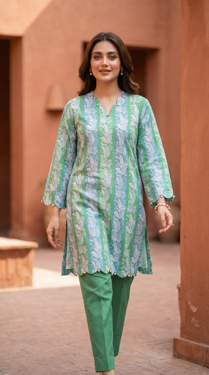 Mint Green & Sky Blue Paisley Printed Lawn Kurti