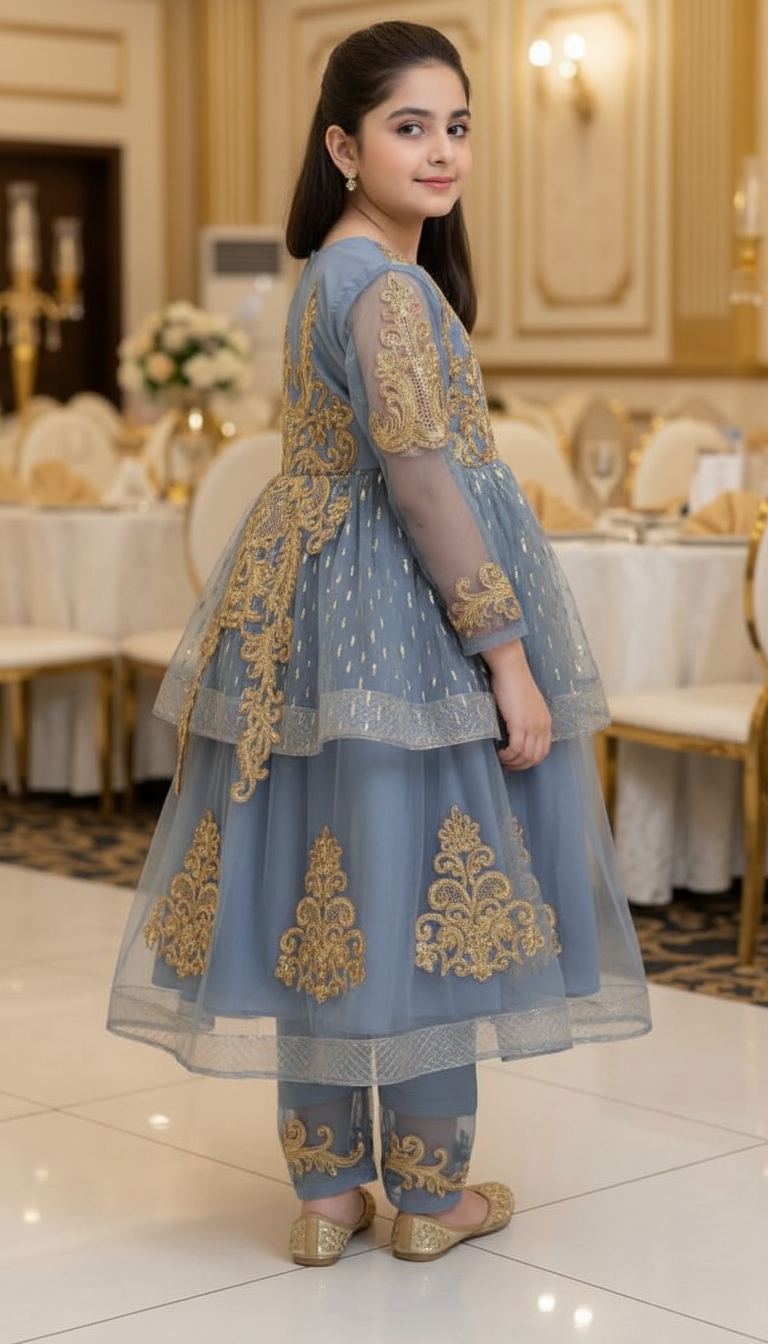 Girls' Dust Blue Embroidered Net Frock - Festive Party Wear 2-Piece Set