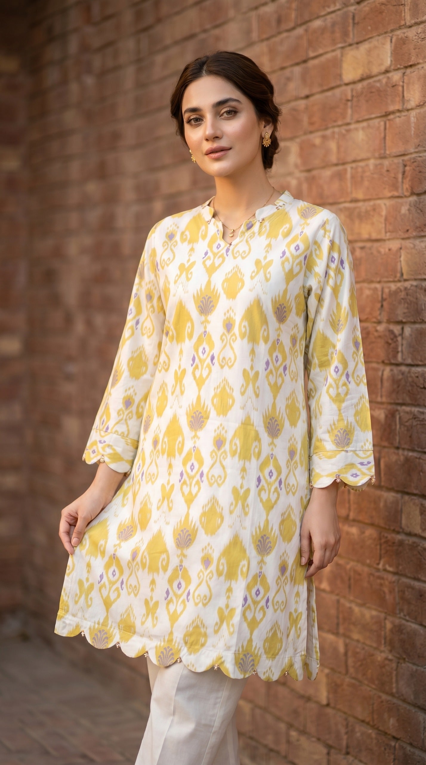 Zari Ikat Mustard & Lavender Printed Lawn Kurti