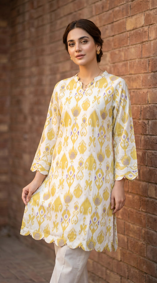 Zari Ikat Mustard & Lavender Printed Lawn Kurti