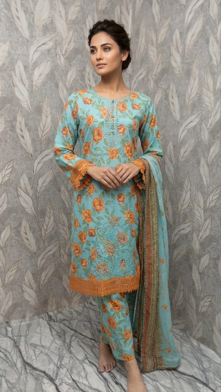 Summer Bloom | Powder Blue & Ochre Floral 3-Piece Suite