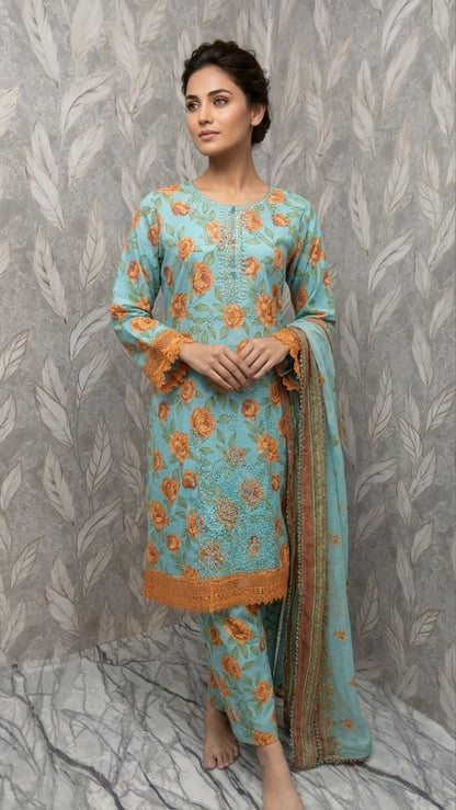 Summer Bloom | Powder Blue & Ochre Floral 3-Piece Suite