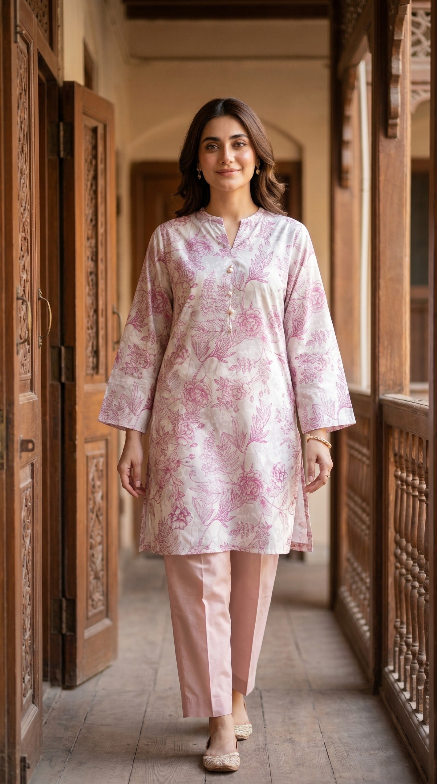 Blush Floral Printed Lawn Kurti – Ivory & Pink