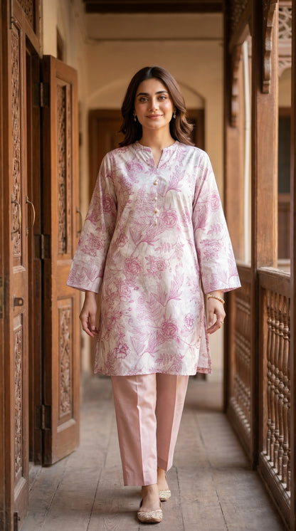Blush Floral Printed Lawn Kurti – Ivory & Pink