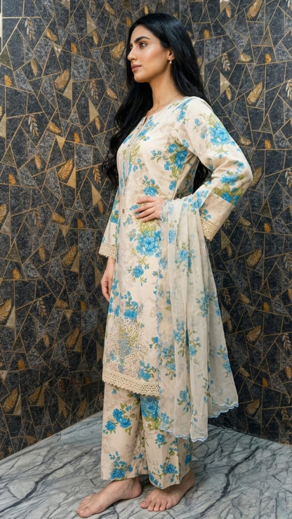 Azure Bloom | Three-Piece Digital Print Lawn Ensemble