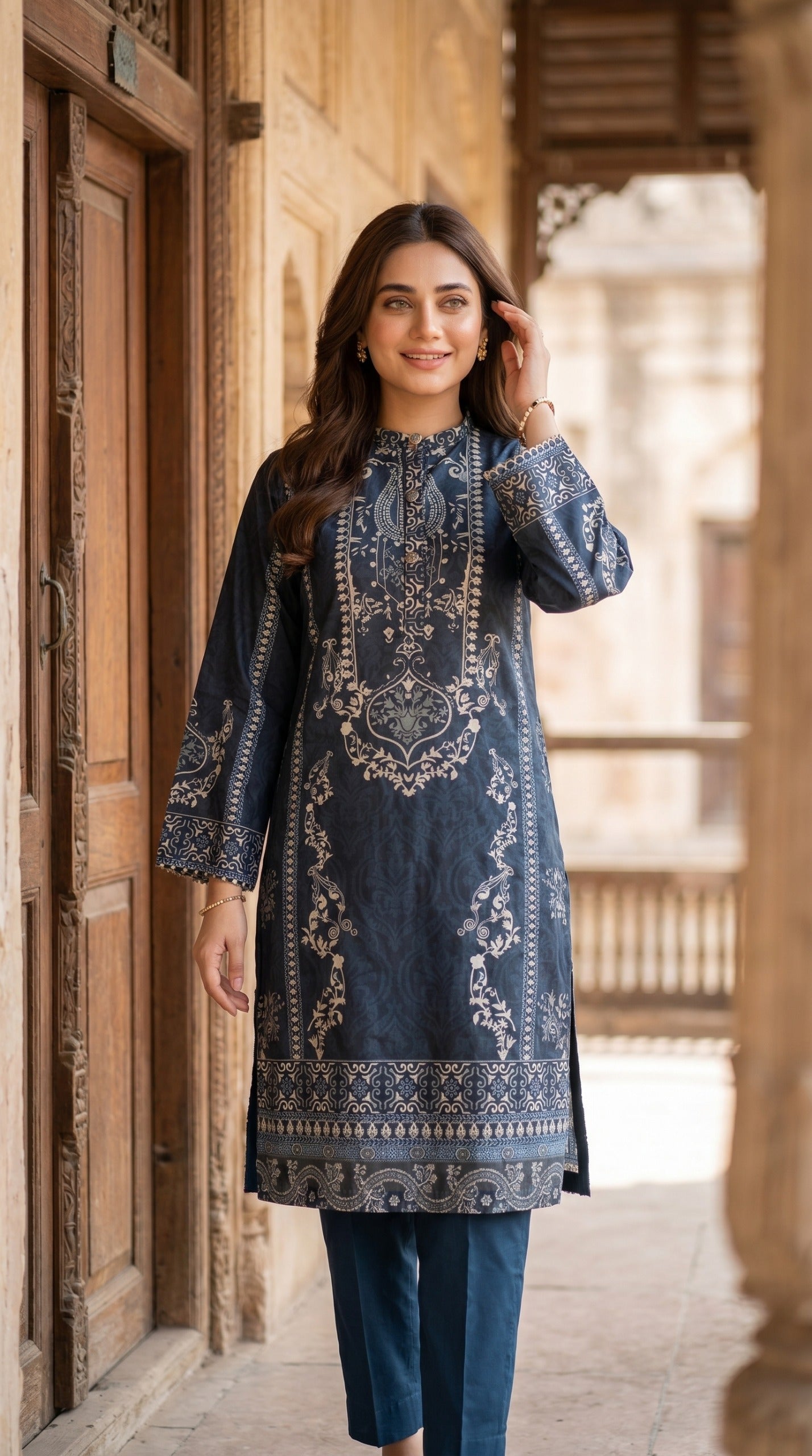 Midnight Indigo Printed Kurti – Traditional Floral Motif Straight Shirt