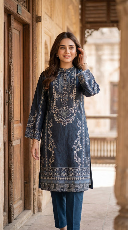 Midnight Indigo Printed Kurti – Traditional Floral Motif Straight Shirt