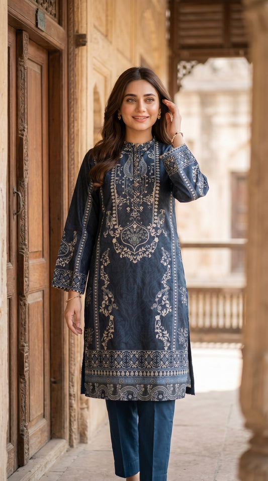 Midnight Indigo Printed Kurti – Traditional Floral Motif Straight Shirt