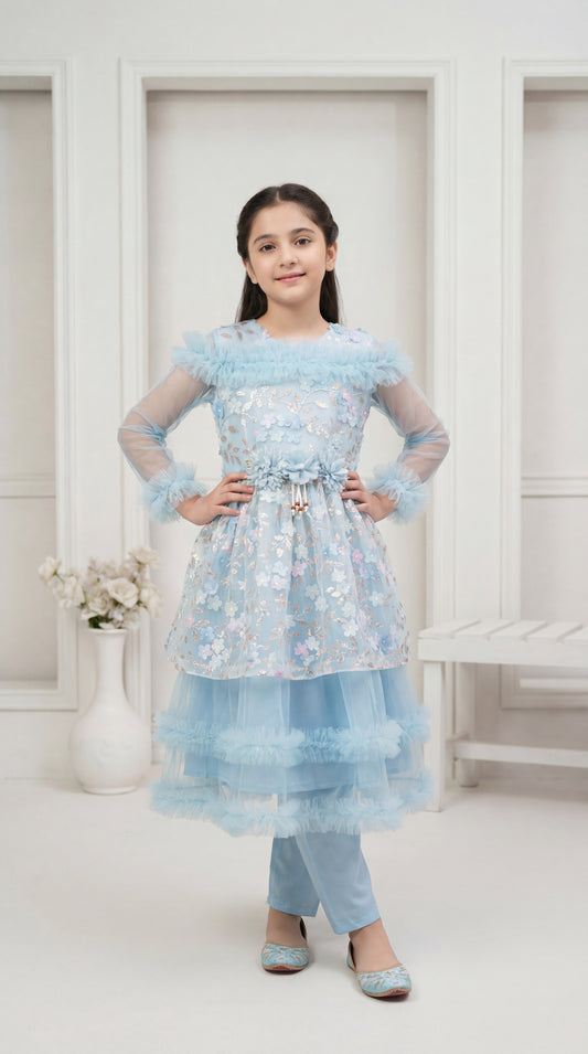 Enchanted Azure Floral Tiered Tulle Frock