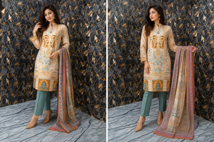 Elegant Beige Printed Lawn Suit with Multicolor Dupatta – 3 Piece Ethnic Stitched Wear