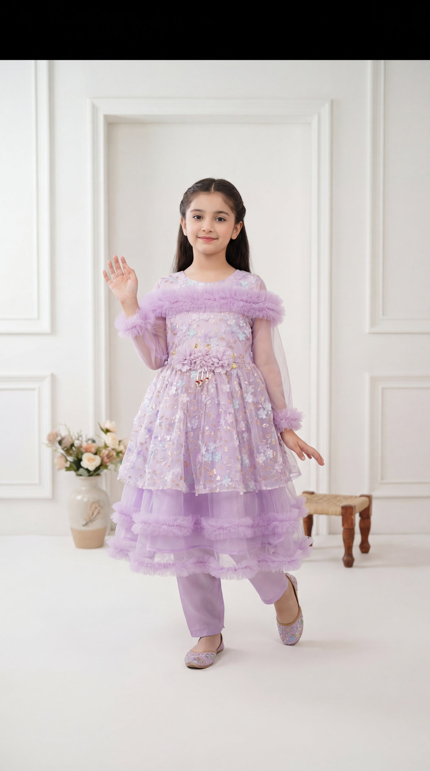 Enchanted Lavender Floral Ruffled Party Frock with Matching Trousers