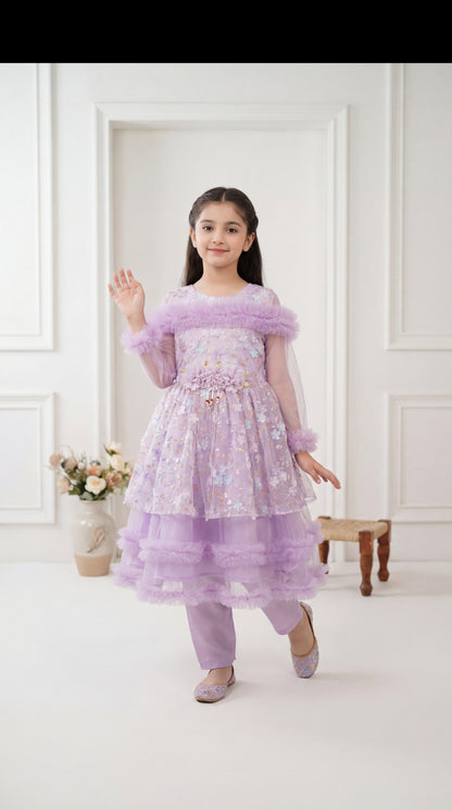 Enchanted Lavender Floral Ruffled Party Frock with Matching Trousers