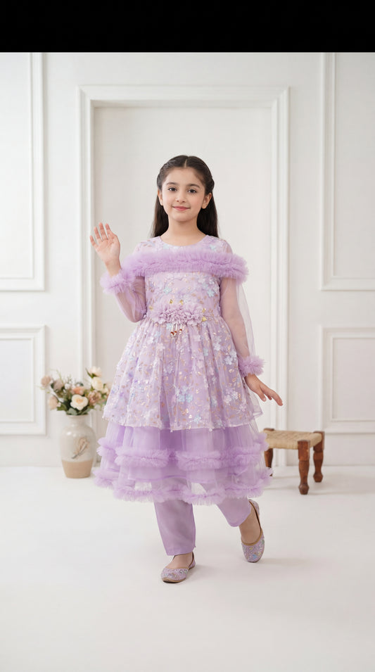 Enchanted Lavender Floral Ruffled Party Frock with Matching Trousers