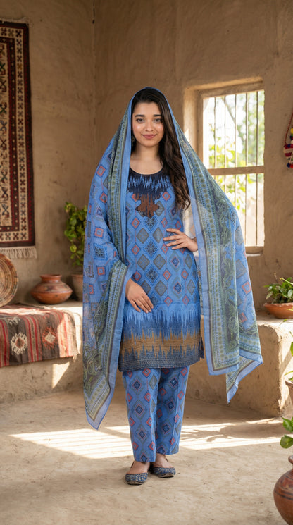 Azure Blue Geometric Print 3-Piece Lawn Suit with Voile Dupatta