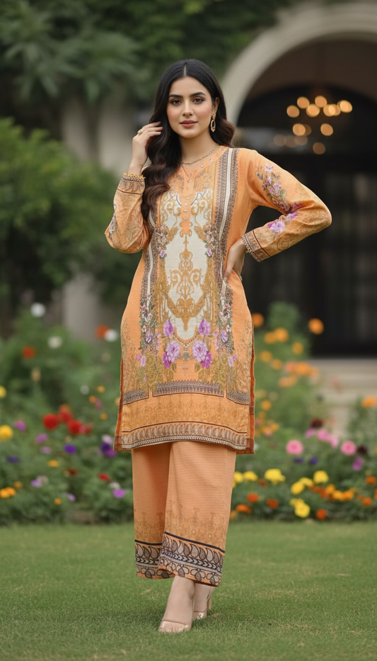 Sunset Bloom – 2-Piece Digitally Printed Lawn Suit in Terracotta Peach