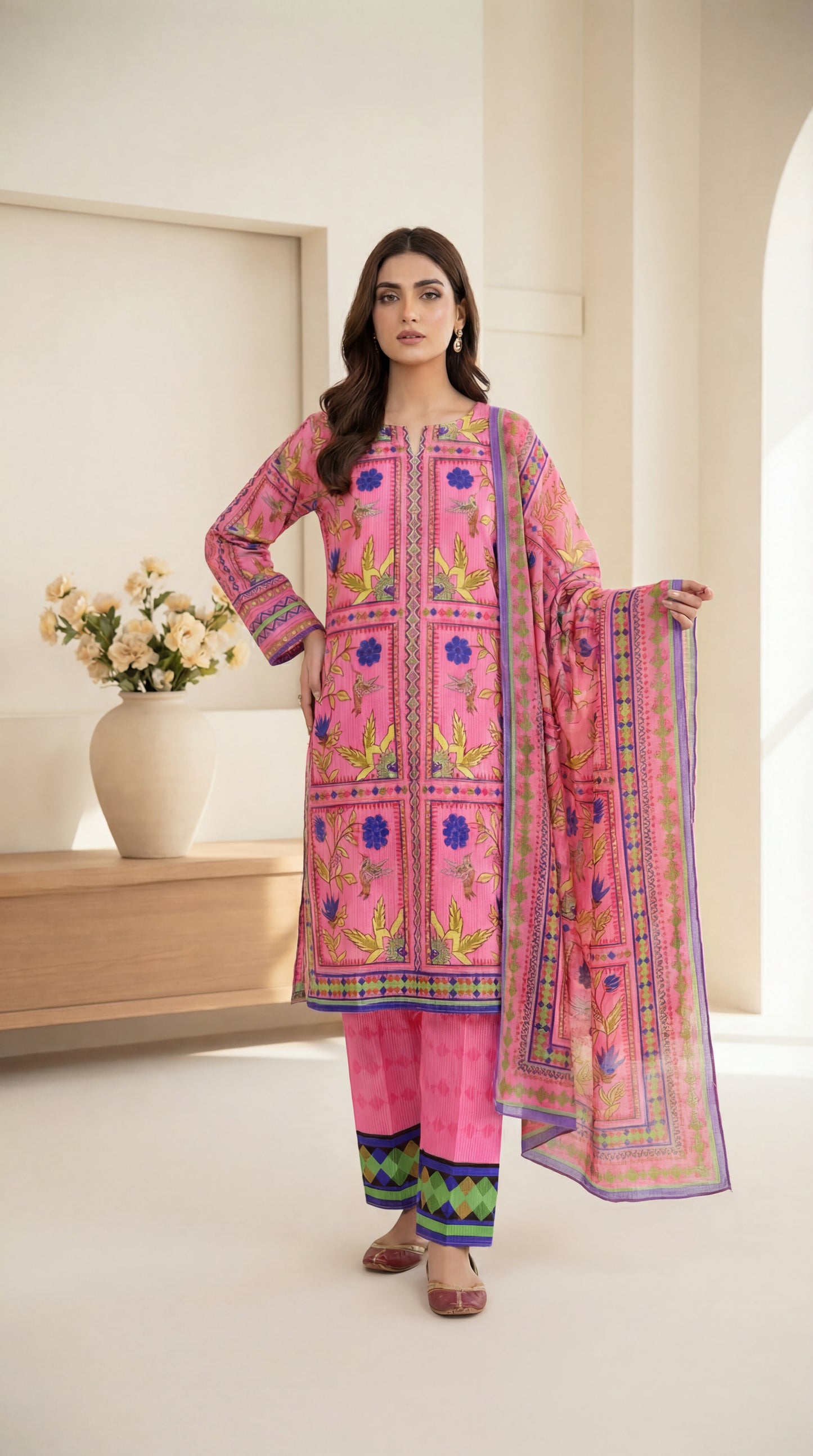 Vibrant Fuchsia Pink 3-Piece Printed Lawn Suit with Geometric Borders