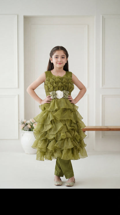 Enchanted Forest Olive Green Ruffled Tiered Party Frock
